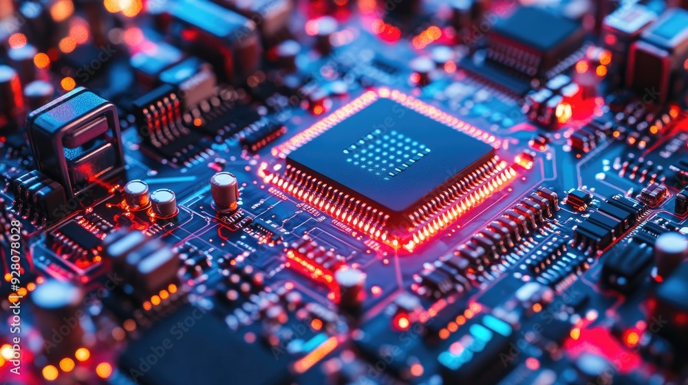 Close-up of a computer motherboard with glowing red and blue lights. Close-up of a computer motherboard with glowing red and blue lights.