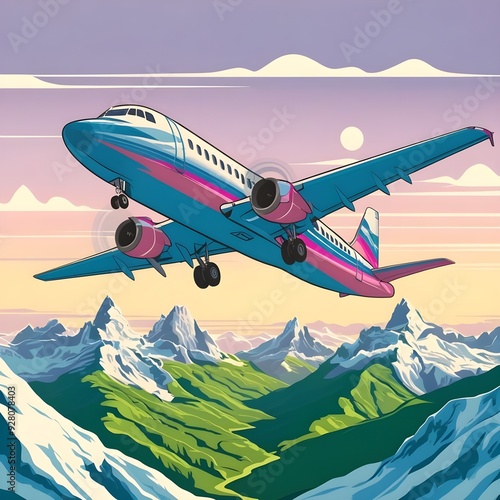 Mountainous Departure at Dusk airplane in the sky with clouds