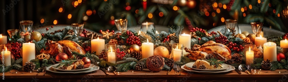 A festive Christmas dinner table set with elegant plates, candles, and a delicious feast, surrounded by loved ones laughing and celebrating the holiday spirit A festive Christmas dinner table set with elegant plates, candles, and a delicious feast, surrounded by loved ones laughing and celebrating the holiday spirit