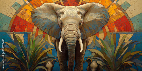 Majestic elephant posing in a colorful mosaic style