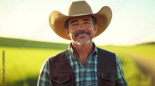 Smiling rancher in a cowboy hat stands in a green field at sunset.