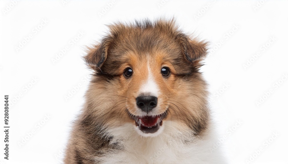 笑顔のラフ・コリーの子犬のポートレート(Portrait of a smiling Rough Collie puppy on white background)
笑顔のラフ・コリーの子犬のポートレート(Portrait of a smiling Rough Collie puppy on white background)