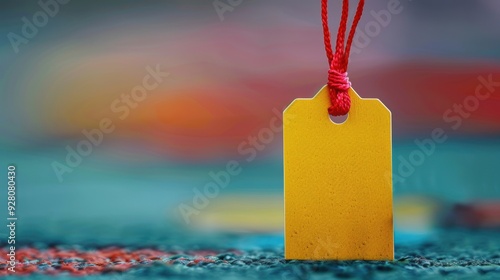 A yellow tag with a red string placed on a colorful blurred background, perfect for labeling or price tagging concepts. photo