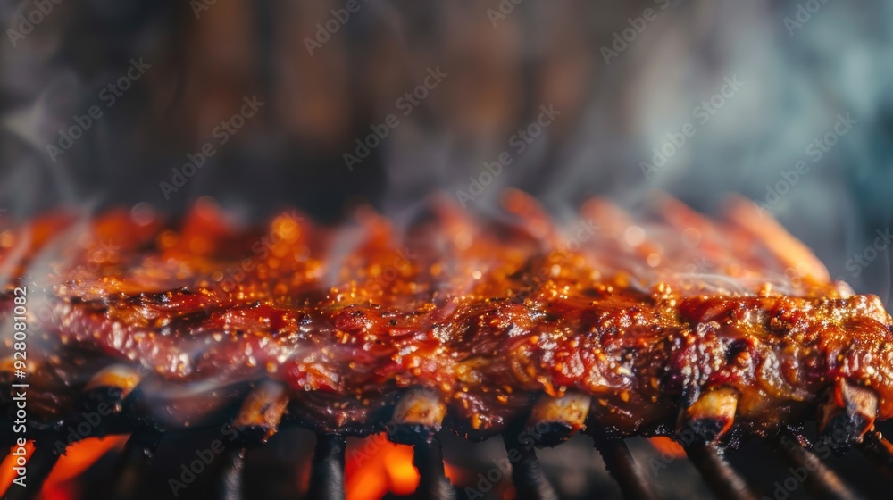 Close-up of sizzling barbecue ribs on a grill, with smoke rising, capturing the essence of a delicious cookout. Close-up of sizzling barbecue ribs on a grill, with smoke rising, capturing the essence of a delicious cookout.