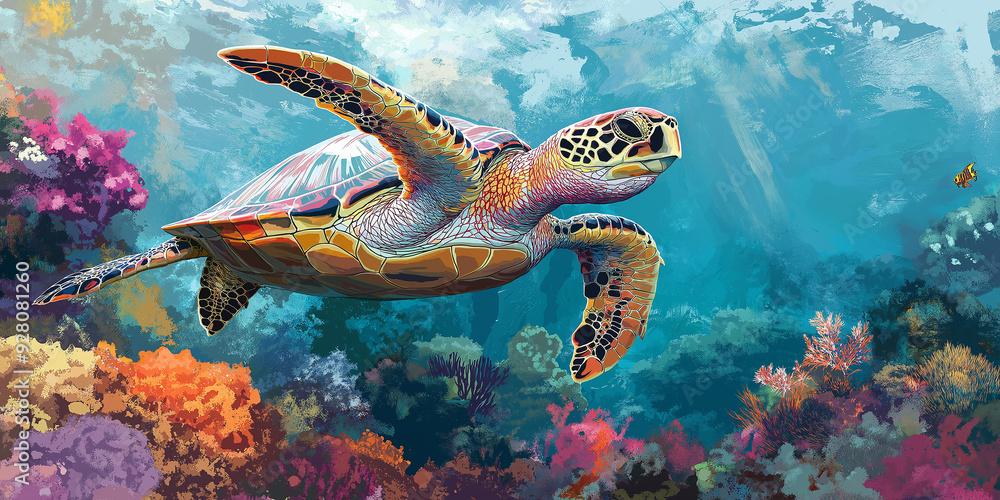 Obraz premium Sea turtle swimming peacefully over a colorful coral reef