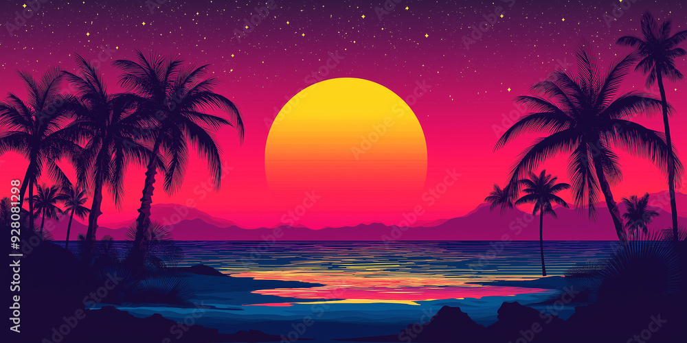 Big sun setting down over a retro style beach with palm trees Big sun setting down over a retro style beach with palm trees