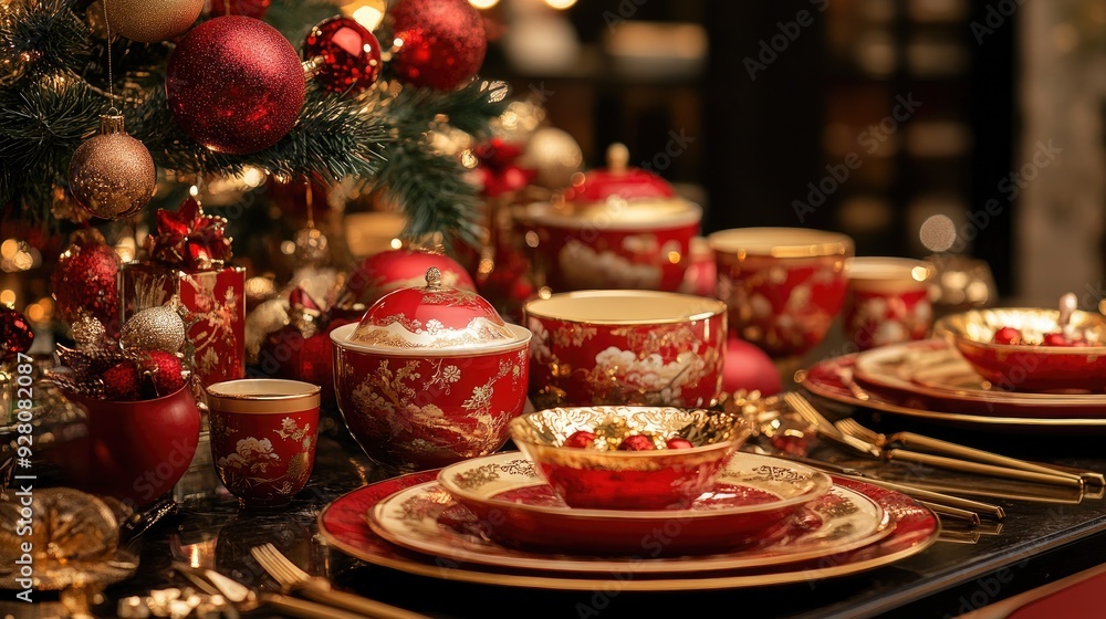 Elegant Red Christmas Table Setting with Festive Decorations and Golden Accents Elegant Red Christmas Table Setting with Festive Decorations and Golden Accents