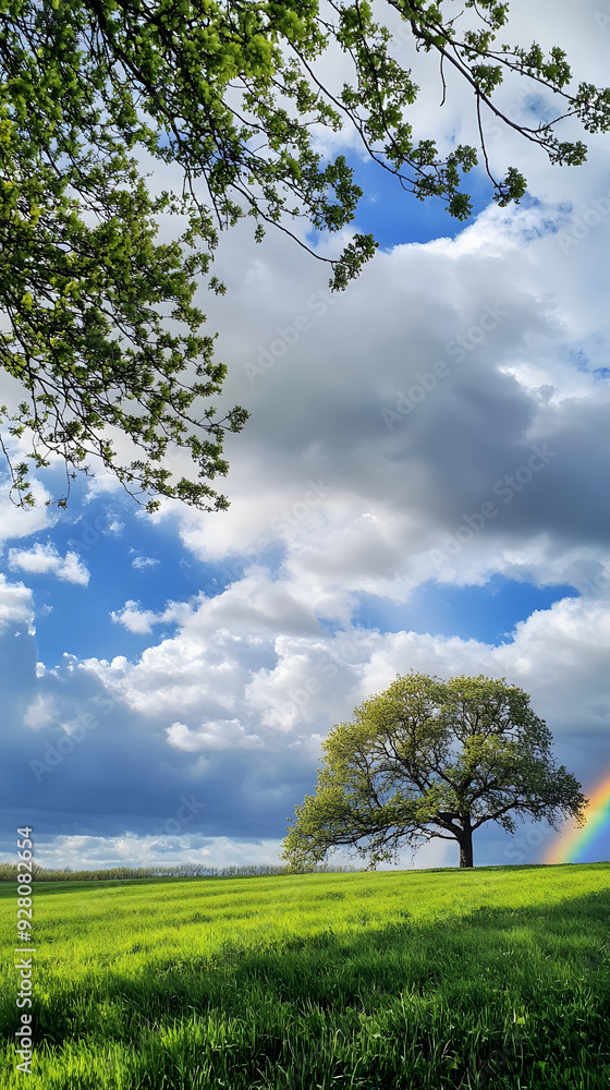 Obraz premium Panoramic view of clear blue sky, lush green meadows, and towering trees.