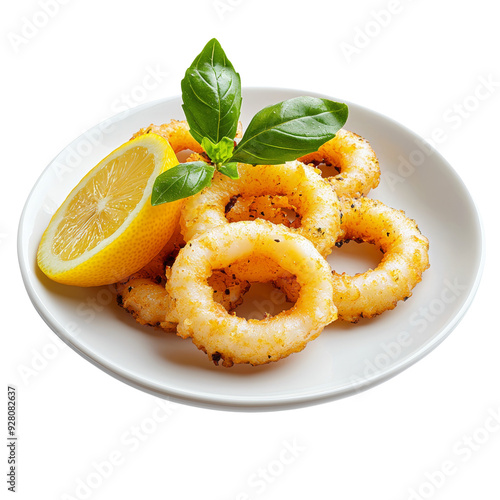 Crispy fried calamari rings with lemon and basil, isolated on white plate photo