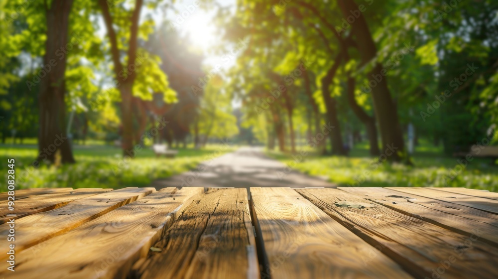 A wooden table in a sunny green park, perfect for picnics and outdoor activities with a scenic nature backdrop. A wooden table in a sunny green park, perfect for picnics and outdoor activities with a scenic nature backdrop.