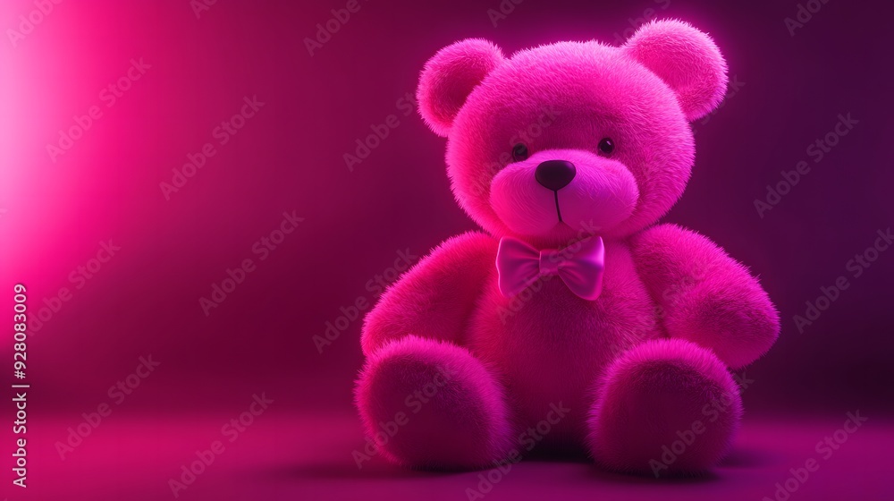 Cute pink teddy bear with a bow and glowing neon light. Cute pink teddy bear with a bow and glowing neon light.