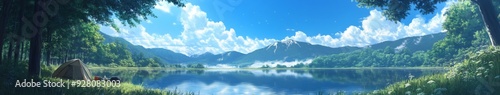 Summer Enchantment: Anime-Style Girls Camping by a Mountain Lake, Embracing the Tranquil Essence of Summer for Festive Promotions,anime-style,illustration,Picture BooksFor Poster,Novel,UI,WEB,Game,Des