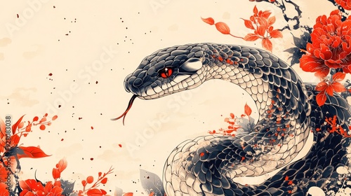 Stunning Snake Illustration with Red Floral Accents in Traditional Asian Art Style photo