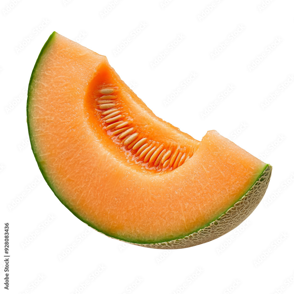 Freshly cut cantaloupe slice showcasing vibrant orange flesh and green rind Freshly cut cantaloupe slice showcasing vibrant orange flesh and green rind