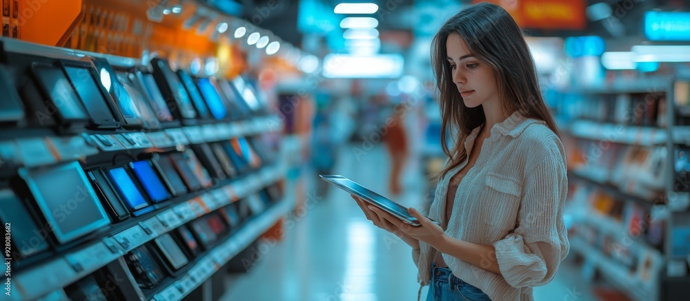 Fototapeta premium Young Woman Shopping for Electronics in a Modern Store, Browsing Tablets and Gadgets on Display