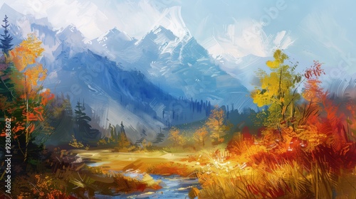 A vibrant painting of a mountain landscape in autumn, featuring colorful foliage and a serene river in the foreground.