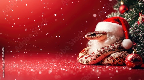 Festive Snake with Santa Hat and Christmas Tree on Sparkling Red Background