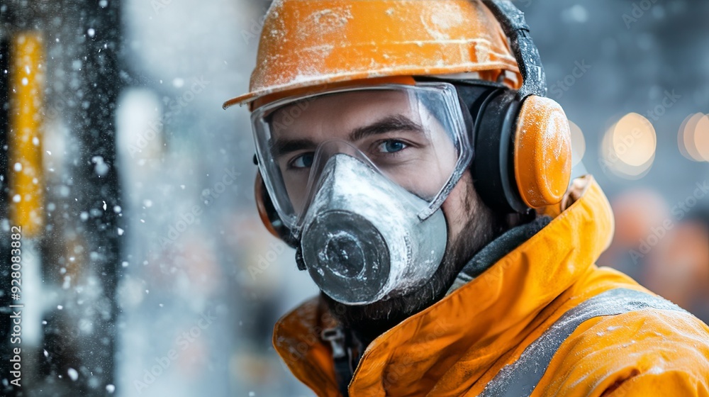 Safety First. Construction worker ensuring safety with full face respirator mask Safety First. Construction worker ensuring safety with full face respirator mask