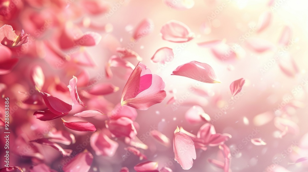Pink rose petals floating in soft, dreamy light, creating a romantic and ethereal atmosphere. Pink rose petals floating in soft, dreamy light, creating a romantic and ethereal atmosphere.