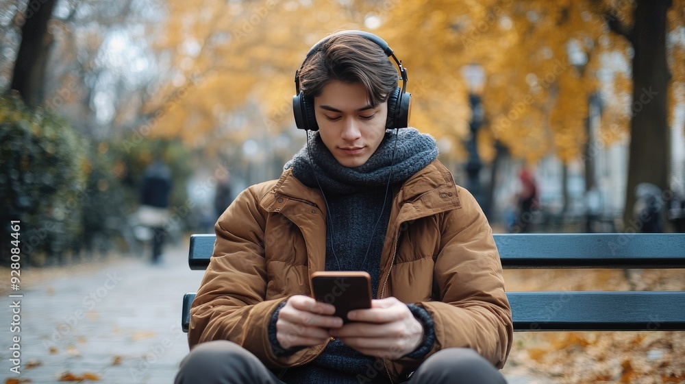 Young Man with Headphones Sitting on Park Bench in Autumn, Browsing Smartphone Young Man with Headphones Sitting on Park Bench in Autumn, Browsing Smartphone