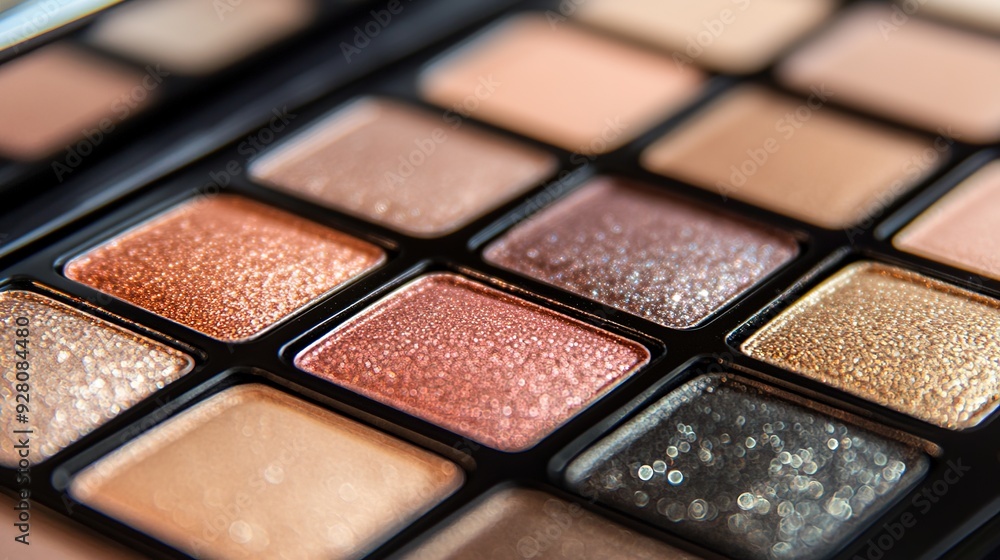 Cosmetic Palette with Shadows: A Detailed Display of a Makeup Palette Featuring a Range of Eyeshadow Shades, Showcasing Various Colors and Textures Ideal for Creating Different Looks