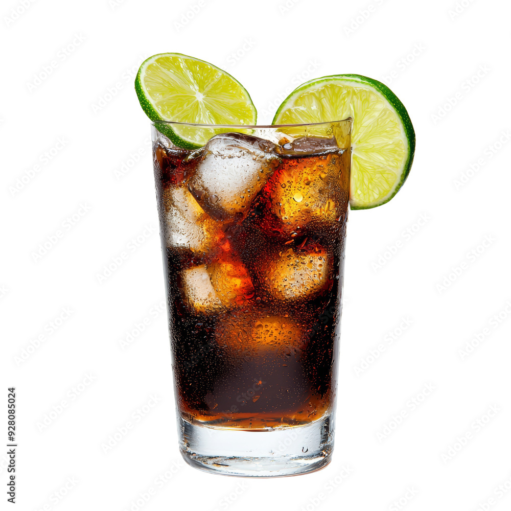 Refreshing iced cola drink with lime slices in a glass, perfect for summer Refreshing iced cola drink with lime slices in a glass, perfect for summer