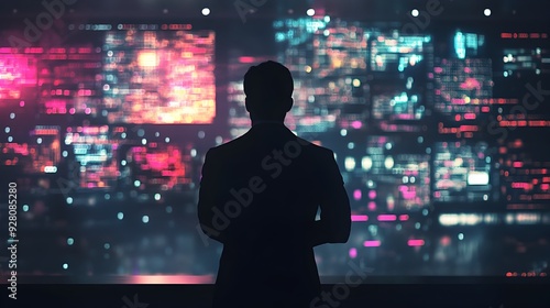 Silhouetted Figure Against Glowing Futuristic Cityscape at Night with Neon Lights and Skyscrapers