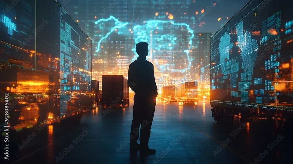 Silhouetted figure standing in futuristic city skyline at night with glowing neon lights and skyscrapers Silhouetted figure standing in futuristic city skyline at night with glowing neon lights and skyscrapers