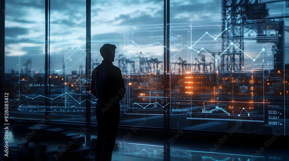 Silhouetted Futuristic Cityscape with Urban Technology and Finance Data Visualization Silhouetted Futuristic Cityscape with Urban Technology and Finance Data Visualization