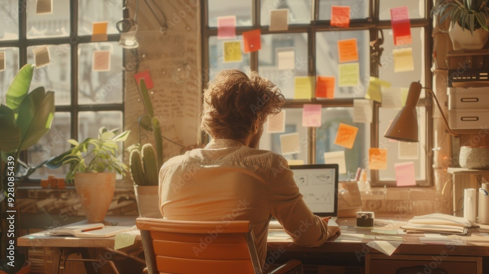 Creative professional working in a sunlit studio with plants and sticky notes on the window, surrounded by natural light and inspirational decor.. Creative professional working in a sunlit studio with plants and sticky notes on the window, surrounded by natural light and inspirational decor..