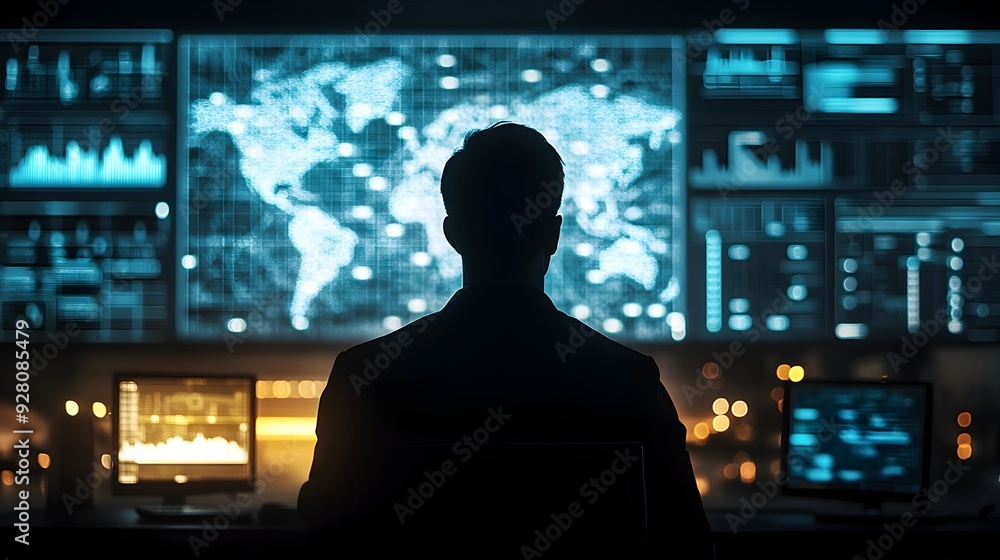 Silhouetted figure in front of a futuristic data visualization dashboard showcasing global trends and financial analytics Silhouetted figure in front of a futuristic data visualization dashboard showcasing global trends and financial analytics