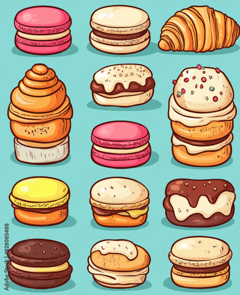 Colorful Array of Delicious Pastries Including Macarons, Croissant, and Cream Puffs Illustrated on a Light Blue Background Colorful Array of Delicious Pastries Including Macarons, Croissant, and Cream Puffs Illustrated on a Light Blue Background