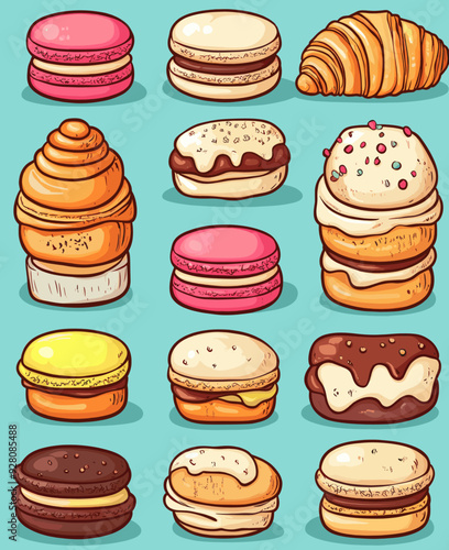 Colorful Array of Delicious Pastries Including Macarons, Croissant, and Cream Puffs Illustrated on a Light Blue Background