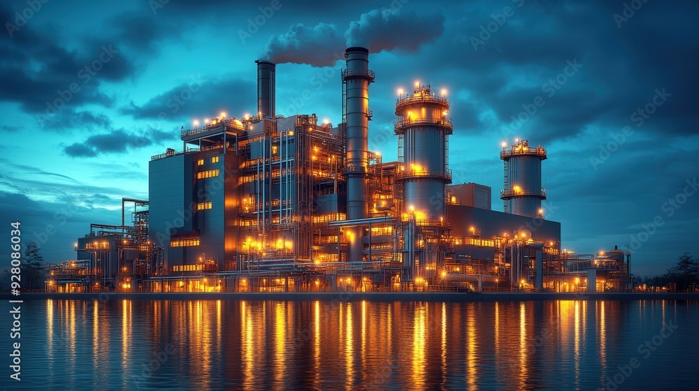 Fototapeta premium Illuminated industrial plant reflecting on water at dusk with a dramatic cloudy sky, showcasing modern industrial architecture.