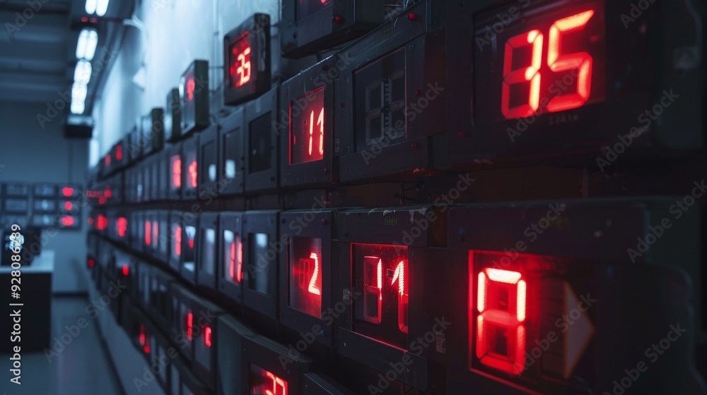 A close-up view of digital clocks displaying bright red numbers in a dark, industrial setting, perfect for time and technology themes. A close-up view of digital clocks displaying bright red numbers in a dark, industrial setting, perfect for time and technology themes.