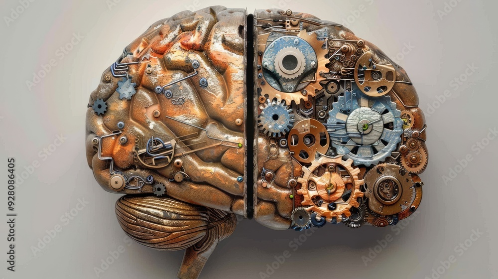 Fototapeta premium A human brain with a piece missing, replaced by gears and circuits, discussing the augmentation and enhancement of human intelligence through technology