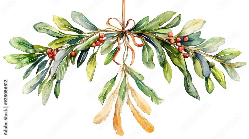 Boho Christmas Mistletoe Clipart with Feathers Watercolor in Earthy Tones Boho Christmas Mistletoe Clipart with Feathers Watercolor in Earthy Tones