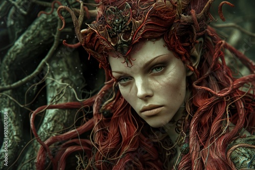 A woman with long red hair and a crown of vines looks intensely at the camera. photo