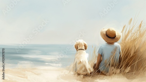 boy sitting beach small white side sunny day streaming body buried sand remembrance pets looking far photo