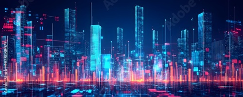 Futuristic Cityscape with Neon Lights and Data Overlays