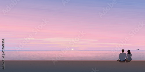 Minimalist seascape at sunset have silhouetted of lover sitting on barrier graphic illustration. Honeymoon concept with twilight sky have blank space.