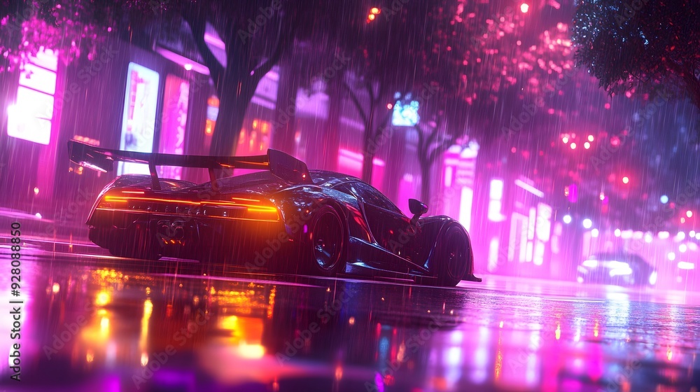 A sports car drives fast on a wet road at night with neon lights and tall trees. A sports car drives fast on a wet road at night with neon lights and tall trees.