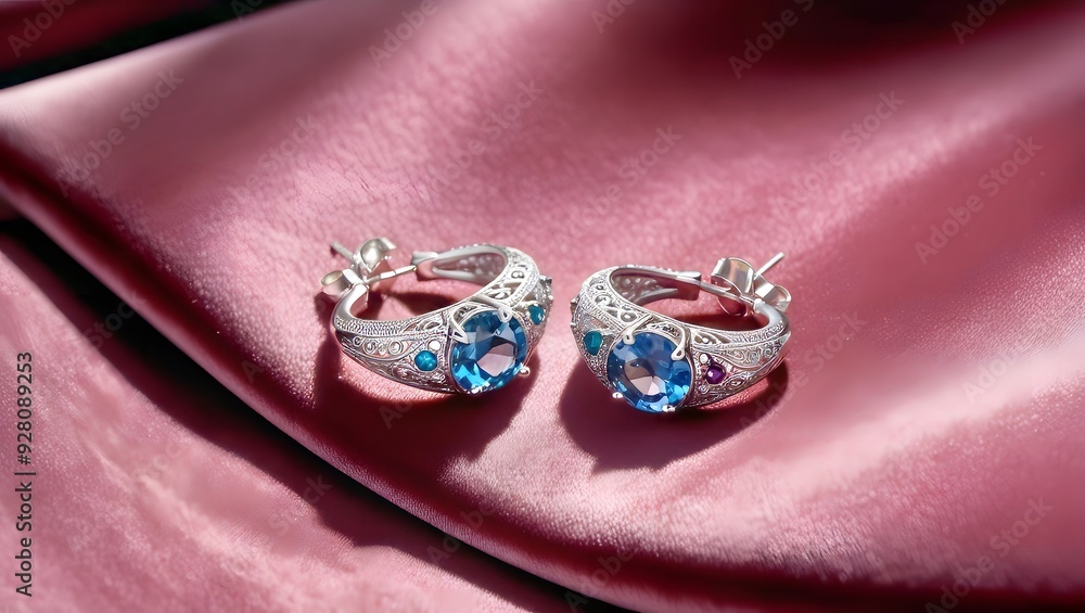 Fototapeta premium Two blue topaz earrings resting on a soft pink satin fabric, showcasing their vibrant color and elegant design. GENERATIVE AI