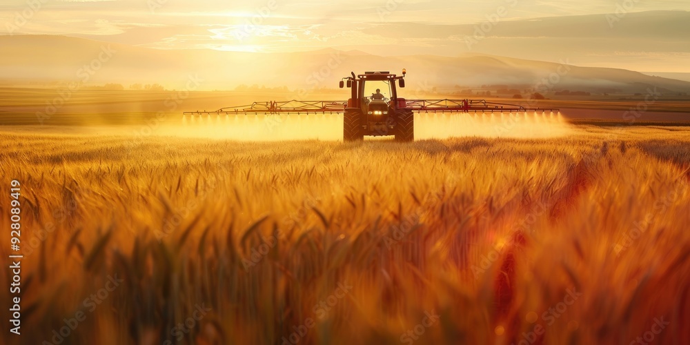 Fototapeta premium Tractor Spraying Pesticides on Wheat Field with Sprayer in Spring