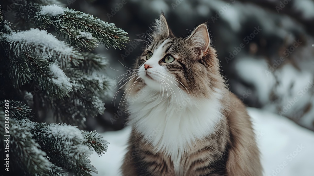 Long Haired Cat with Green Eyes Sits by a Pine Tree in the Snow Long Haired Cat with Green Eyes Sits by a Pine Tree in the Snow