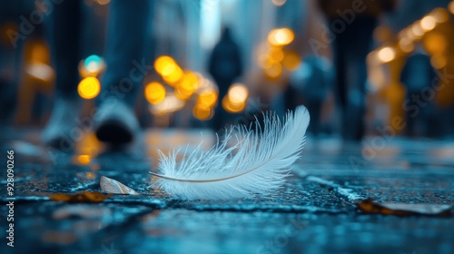 A single feather resting on the ground in high resolution, while people legs blur as they move swiftly around it. The feather remains undisturbed, highlighting the contrast between fragile stillness photo