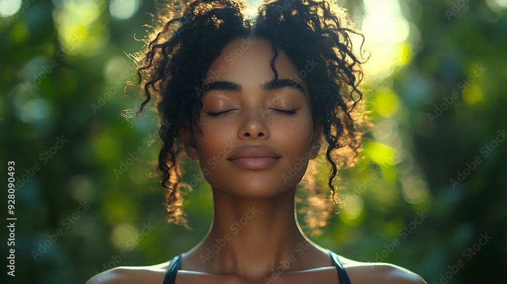 Closeup portrait of a young woman with curly hair and closed eyes, sunlit in a lush green forest. Closeup portrait of a young woman with curly hair and closed eyes, sunlit in a lush green forest.