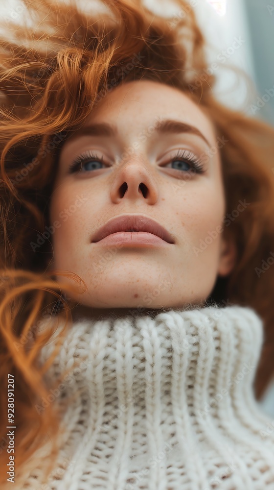 woman red hair turtleneck sweater freckles nose young neck long fluffy curly blond extremely close face human looking skyward small lips pale gray skin fall woman red hair turtleneck sweater freckles nose young neck long fluffy curly blond extremely close face human looking skyward small lips pale gray skin fall