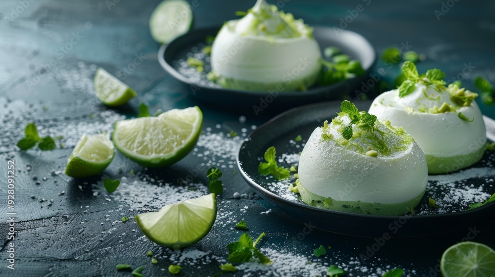 Lime and Mint Mousse Dessert on Black Plates Lime and Mint Mousse Dessert on Black Plates