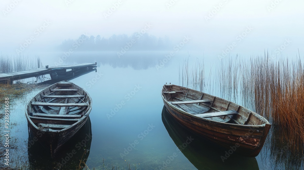 Misty Morning on the Lake with Wooden Boats Misty Morning on the Lake with Wooden Boats